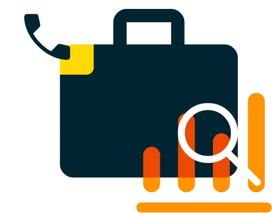 A briefcase, magnifying glass, and phone – the image represents B2B operations, analytics, and business services.