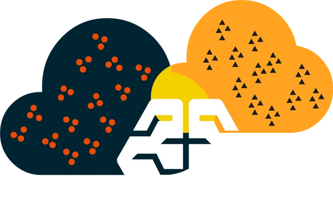 An image showing two cloud-shaped figures connected in the center. The left cloud contains orange dots, and the right cloud contains black triangles, representing databases. In the middle of the clouds is a white icon depicting a brain, symbolizing artificial intelligence.