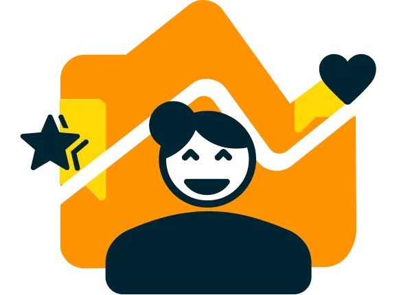 A smiling figure surrounded by a star and a heart icon – the image symbolizes positive customer experience and feedback.