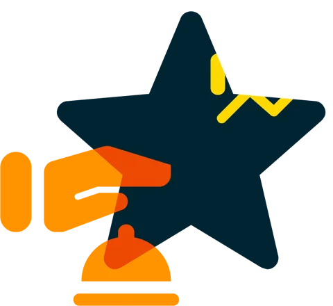 The image shows a large dark blue star symbolizing evaluation. In the foreground, there is an orange service bell and an orange hand ringing it. In the upper corner of the star, a yellow upward-pointing graph is visible.