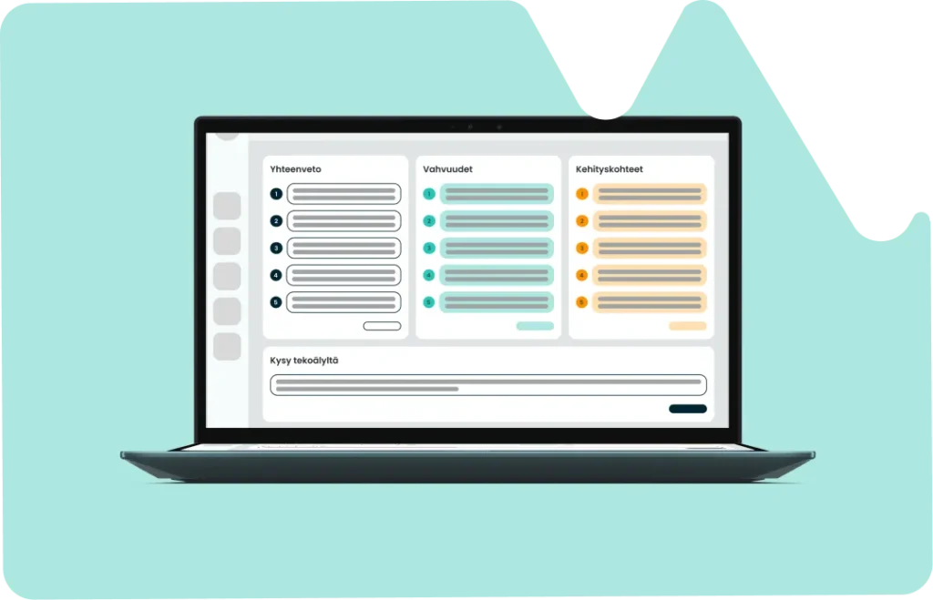 A laptop mock-up of the WheelQ control view. It displays summaries of strengths and areas for improvement, along with an AI tool you can interact with. The WheelQ control view displays summaries of strengths and areas for improvement, along with an AI tool you can interact with.