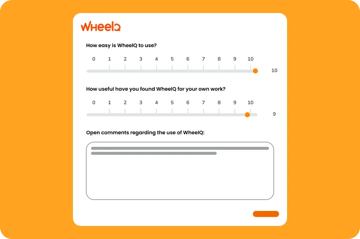 A WheelQ data collection form asking users to rate the ease of use and usefulness of WheelQ for their own work on a scale from 1 to 10. At the bottom of the form, there is a section for open comments. The background is orange.