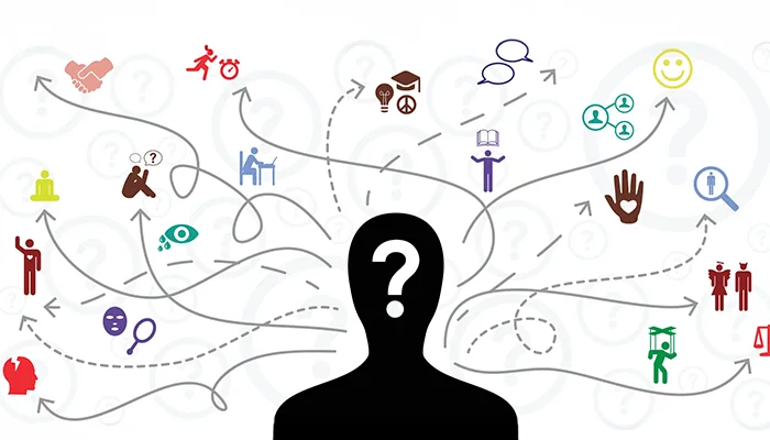 Ihmishahmo, jonka päässä on kysymysmerkki, symboloi asiakasta. Hahmosta lähtee nuolia, jotka osoittavat moniin eri elämänvaiheita ja palveluja kuvaaviin ikoneihin, kuvaten monimutkaista ja monivaiheista asiakaskokemusta.