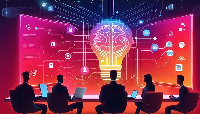 Kuusi ihmistä istuu kokouspöydän ääressä kannettavien tietokoneiden kanssa. Heidän takanaan on kirkkaan punainen digitaalinen näyttö, jossa on suuri, hehkulampun muotoinen aivojen (älyn) symboli. Taustalla näkyy verkostoituneita viivoja ja erilaisia palveluita ja asiakaskokemusta kuvaavia ikoneita, symboloiden tekoälyn tuomaa uutta aikakautta asiakaskokemuspalveluissa.