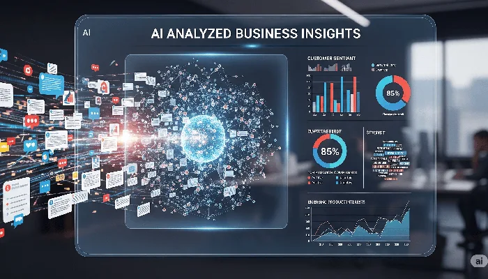 Tekoälyanalyysi liiketoiminnan oivalluksista: Asiakaspalaute muuttuu kaavioiksi ja tunnusluvuiksi digitaalisella näytöllä.