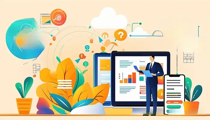 Liikemies pitelee kannettavaa tietokonetta ja katsoo isoa tietokoneen näyttöä, jossa näkyy kaavioita ja raportteja. Hänen vieressään on matkapuhelin, jossa on tekstiä. Taustalla on värikkäitä, abstraktin tyyliteltyjä kuvakkeita, pilvi-ikoni ja kasveja, jotka symboloivat data-analyysia, tekoälyä tai digitaalisia työkaluja liiketoiminnassa.