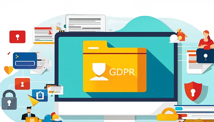 Kuva GDPR:stä ja tekoälypalveluista. Tietokoneen näytöllä näkyy suuri kansio, jossa on teksti "GDPR" ja ihmishahmon siluetti. Näyttöä ympäröivät lukuisat digitaaliset ikonit ja elementit, kuten lukkosymbolit, luottokortti, tekstitiedostoja ja ihmishahmoja, korostaen tietoturvaa ja sääntöjen noudattamista.